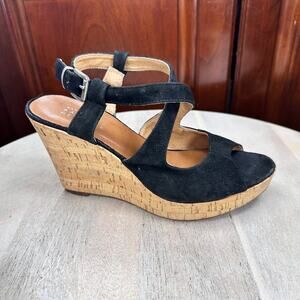 Barneys New York Womens Sandals 37 EU 6.5 US Black Suede Cork Wedge Strappy Shoe